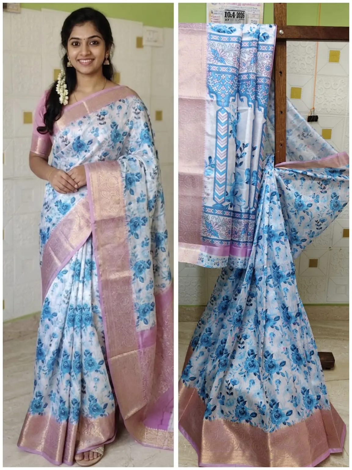 Digital Dola Blue Floral Print Border Work Saree